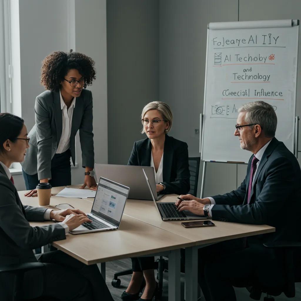 Diverse leaders collaborating in a modern workspace, emphasizing ethical influence in the AI economy
