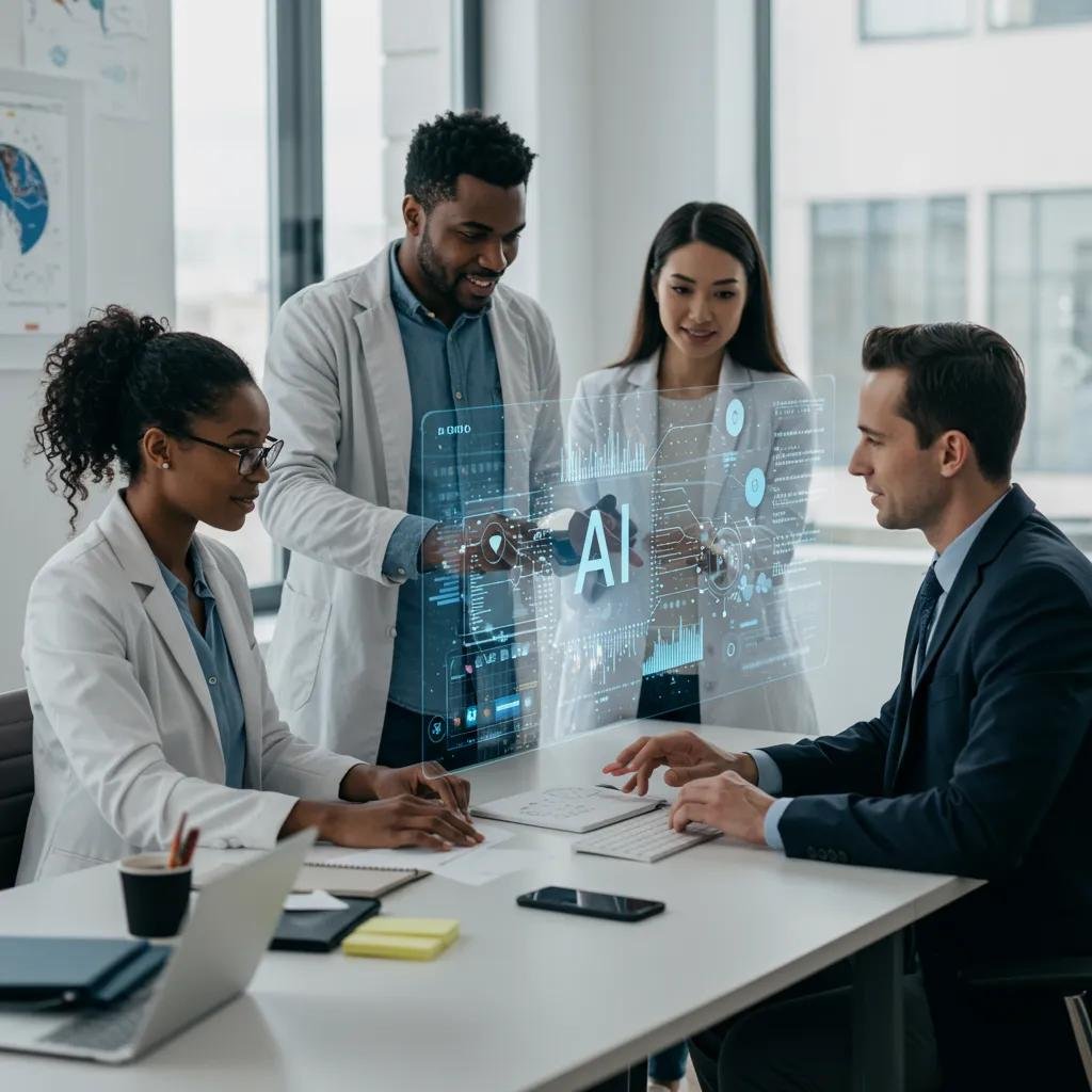 Diverse team collaborating on ethical AI communication, highlighting teamwork and transparency