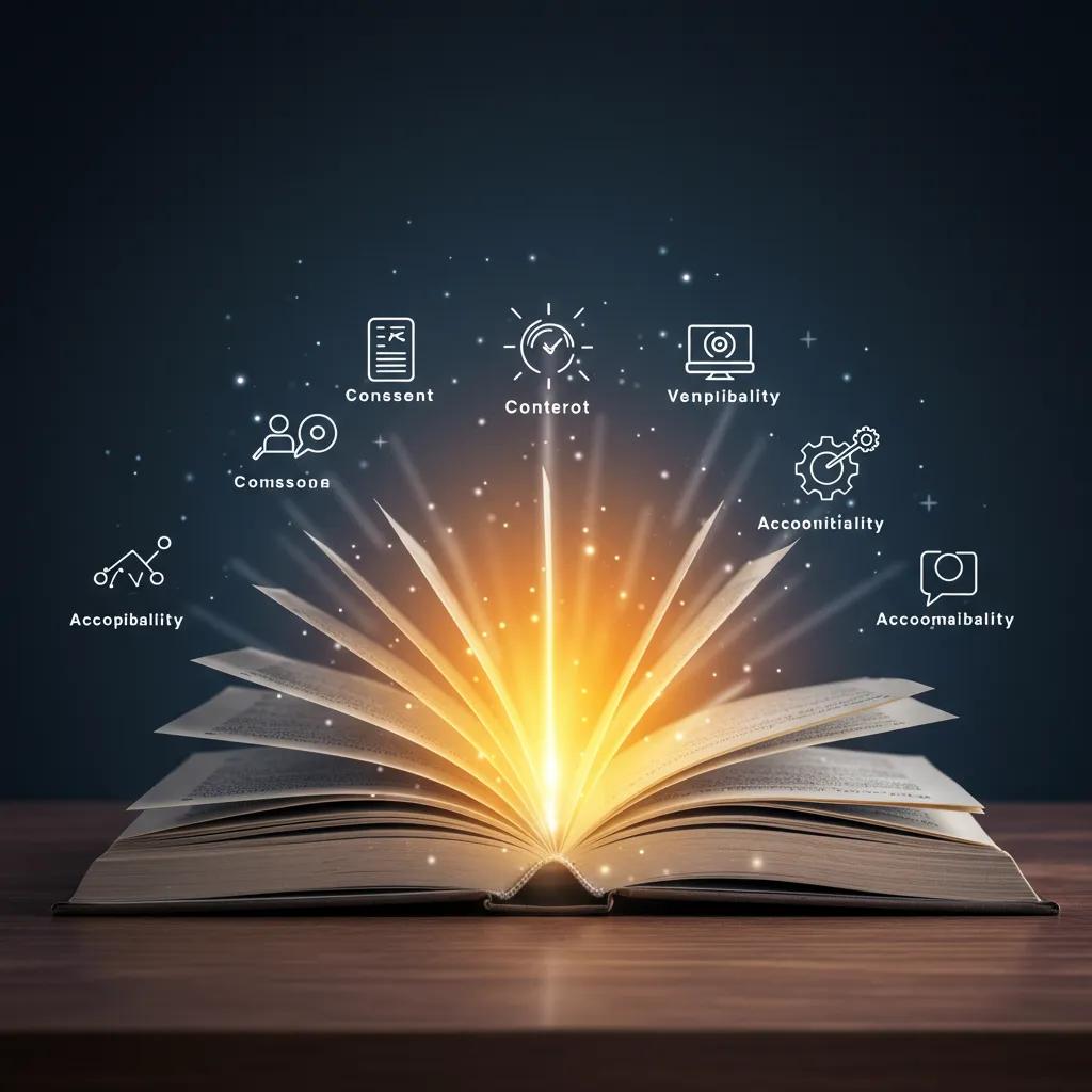 Open book with glowing pages symbolizing ethical storytelling principles for leaders